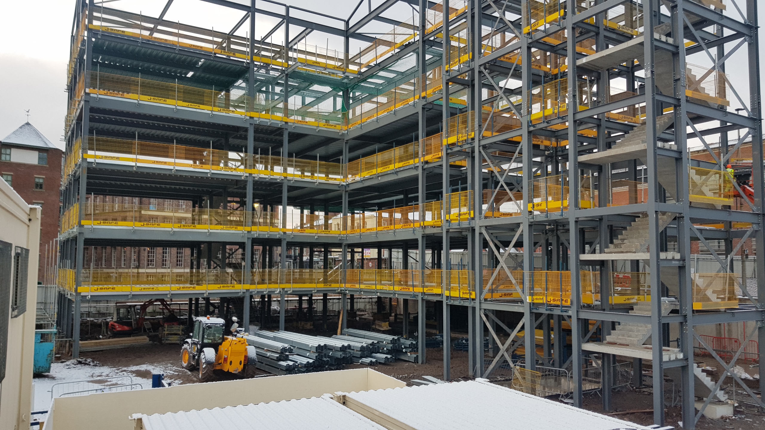 Steel frame and floors during construction at Belong Chester